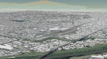 3D都市モデルで郡山市中心域を阿武隈川側から俯瞰した画面イメージ