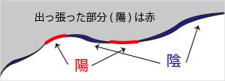 接峰面(②)に対して山になっている部分を「陽」、谷部を「陰」として着色。奥行きをつけます。